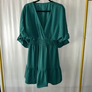 Womens Casual V Neck Loose High Waist Ruffle Pleated Mini Dress Large Dark Green